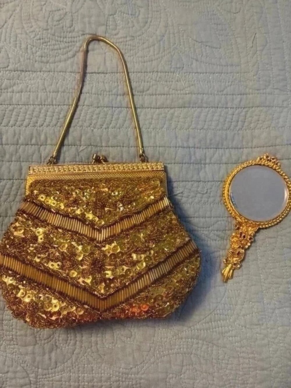 Vintage Gold Beaded Sequin Evening Bag Kiss Lock Snake Chain& Ornate Hand Mirror